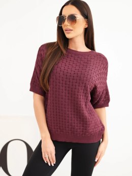 Sweter damski bawełniany ażurowy z krótkim rękawem śliwkowy