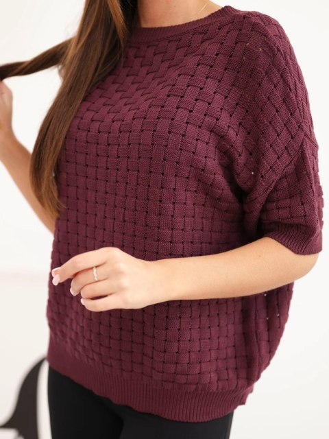 Sweter damski bawełniany ażurowy z krótkim rękawem śliwkowy