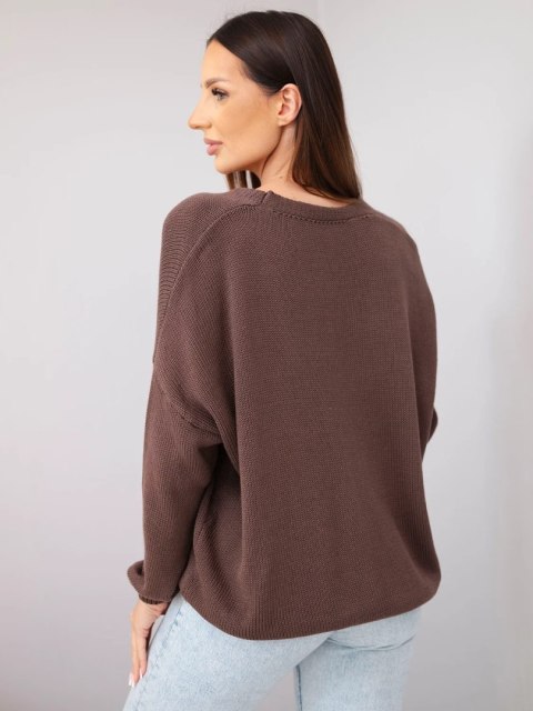 Sweter damski bawełniany oversize na guziki z dekoltem V brązowy