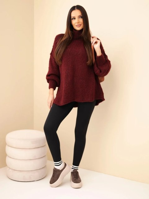 Sweter damski oversize z dodatkiem wełny z golfem i szerokimi rękawami bordowy