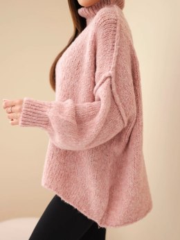 Sweter damski oversize z dodatkiem wełny z golfem i szerokimi rękawami ciemny pudrowy róż