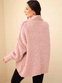 Sweter damski oversize z dodatkiem wełny z golfem i szerokimi rękawami ciemny pudrowy róż