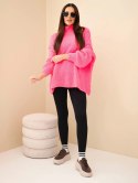 Sweter damski oversize z dodatkiem wełny z golfem i szerokimi rękawami różowy neon