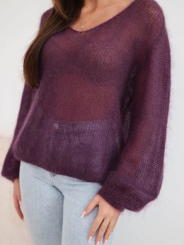 Sweter damski w 70% z kid moheru z dekoltem V o luźnym fasonie ciemny fioletowy