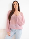Sweter damski w 70% z kid moheru z dekoltem V o luźnym fasonie pudrowy róż