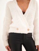 Sweter damski z moherem kopertowy z ozdobnymi guzikami ecru
