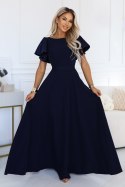 694-4 MIRELLA Elegancka rozkloszowana sukienka maxi z cekinowymi rękawkami - granatowa Numoco