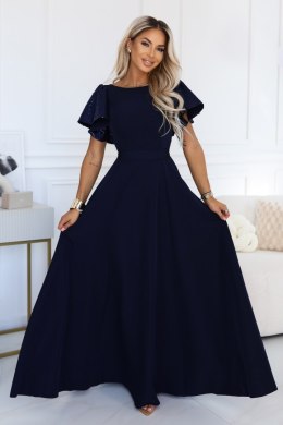 694-4 MIRELLA Elegancka rozkloszowana sukienka maxi z cekinowymi rękawkami - granatowa Numoco