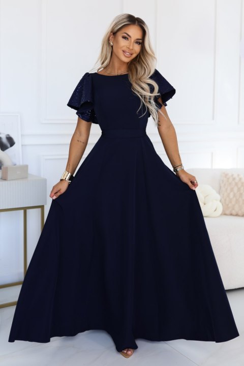 694-4 MIRELLA Elegancka rozkloszowana sukienka maxi z cekinowymi rękawkami - granatowa Numoco