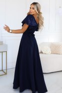 694-4 MIRELLA Elegancka rozkloszowana sukienka maxi z cekinowymi rękawkami - granatowa Numoco