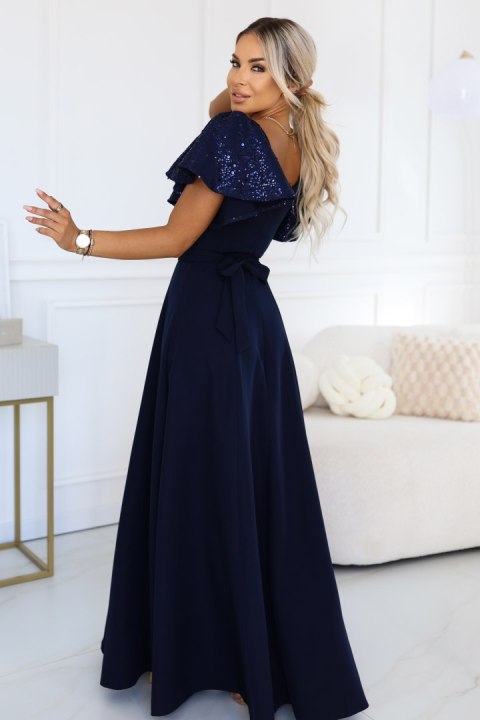 694-4 MIRELLA Elegancka rozkloszowana sukienka maxi z cekinowymi rękawkami - granatowa Numoco