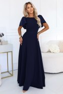 694-4 MIRELLA Elegancka rozkloszowana sukienka maxi z cekinowymi rękawkami - granatowa Numoco