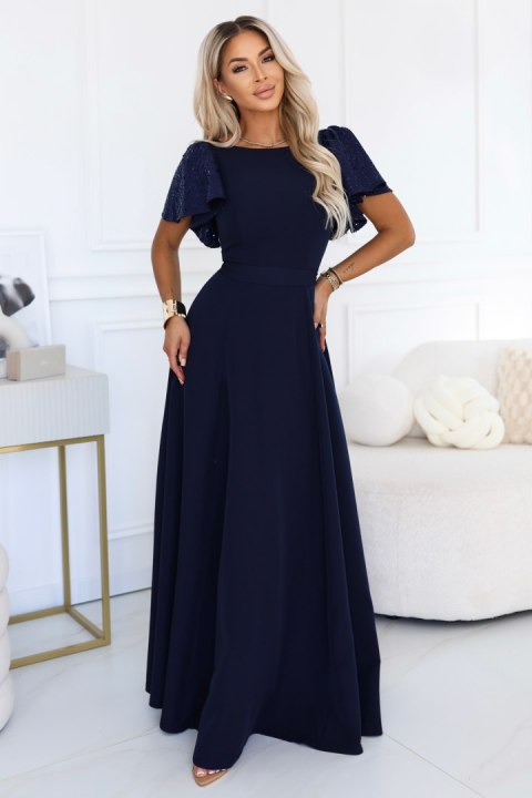 694-4 MIRELLA Elegancka rozkloszowana sukienka maxi z cekinowymi rękawkami - granatowa Numoco