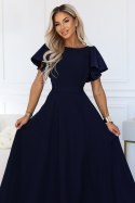 694-4 MIRELLA Elegancka rozkloszowana sukienka maxi z cekinowymi rękawkami - granatowa Numoco
