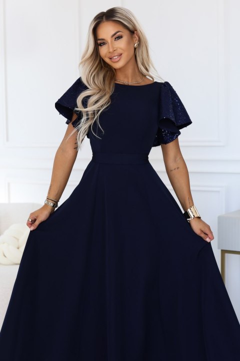 694-4 MIRELLA Elegancka rozkloszowana sukienka maxi z cekinowymi rękawkami - granatowa Numoco