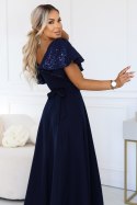 694-4 MIRELLA Elegancka rozkloszowana sukienka maxi z cekinowymi rękawkami - granatowa Numoco