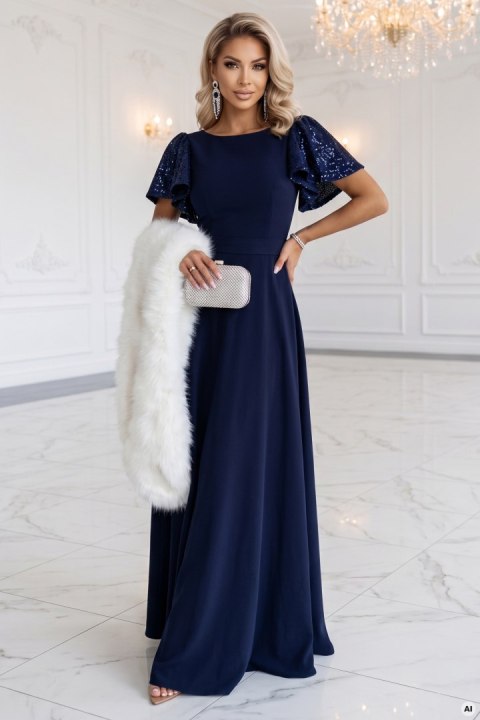 694-4 MIRELLA Elegancka rozkloszowana sukienka maxi z cekinowymi rękawkami - granatowa Numoco