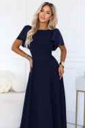 694-4 MIRELLA Elegancka rozkloszowana sukienka maxi z cekinowymi rękawkami - granatowa Numoco
