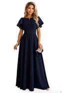694-4 MIRELLA Elegancka rozkloszowana sukienka maxi z cekinowymi rękawkami - granatowa Numoco