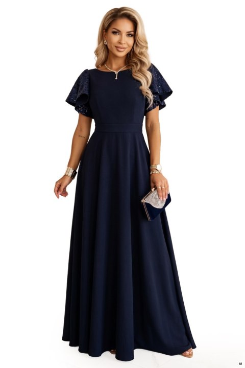 694-4 MIRELLA Elegancka rozkloszowana sukienka maxi z cekinowymi rękawkami - granatowa Numoco