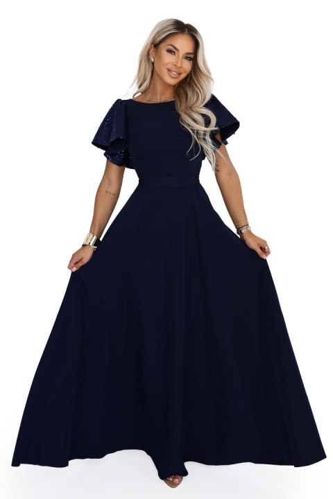 694-4 MIRELLA Elegancka rozkloszowana sukienka maxi z cekinowymi rękawkami - granatowa Numoco