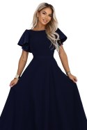 694-4 MIRELLA Elegancka rozkloszowana sukienka maxi z cekinowymi rękawkami - granatowa Numoco