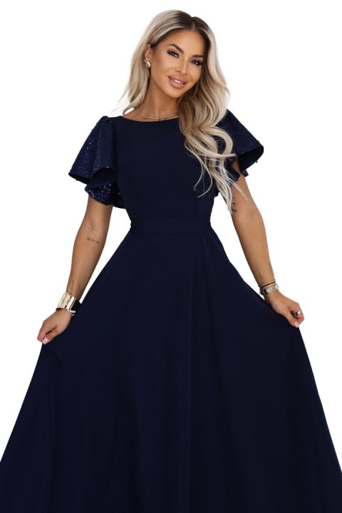694-4 MIRELLA Elegancka rozkloszowana sukienka maxi z cekinowymi rękawkami - granatowa Numoco