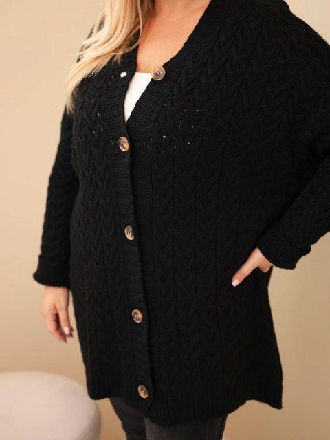 Kardigan damski Plus Size z guzikami i wzorem warkoczowym czarny