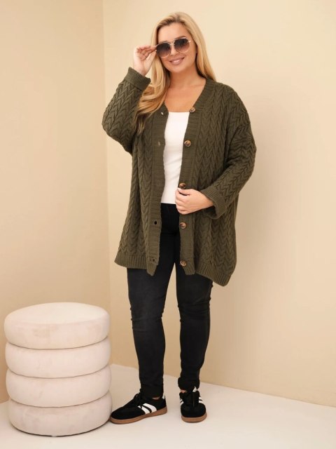 Kardigan damski Plus Size z guzikami i wzorem warkoczowym khaki