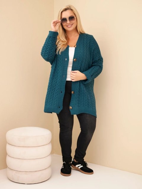 Kardigan damski Plus Size z guzikami i wzorem warkoczowym morski