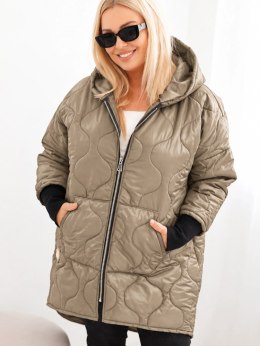 Kurtka damska zimowa Plus Size pikowana z kapturem jasno camelowa