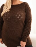 Sweter damski Plus Size z dzianiny ażurowy z długim rękawem brązowy