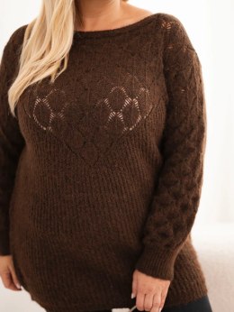 Sweter damski Plus Size z dzianiny ażurowy z długim rękawem brązowy