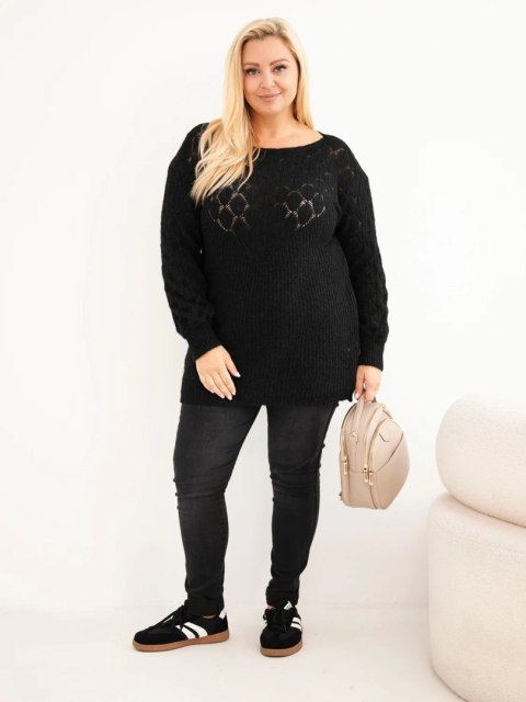 Sweter damski Plus Size z dzianiny ażurowy z długim rękawem czarny