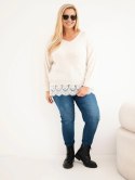 Sweter damski Plus Size z koronkowym dołem jasny beżowy