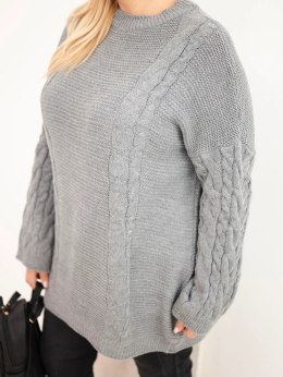 Sweter damski Plus Size z warkoczowym wzorem szary