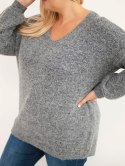 Sweter damski Plus Size z wełną z dekoltem V grafitowy