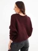 Sweter damski z dekoltem V i guzikami ciemny bordowy