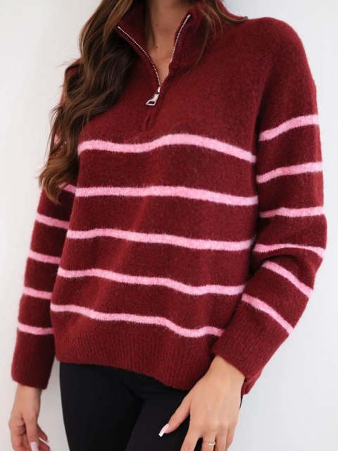 Sweter damski z dodatkiem alpaki z zamkiem bordowy