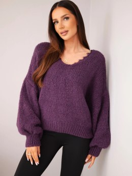 Sweter damski z dodatkiem wełny luźny fason ciemny fioletowy