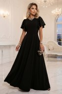 694-1 MIRELLA Elegancka rozkloszowana sukienka maxi z cekinowymi rękawkami - czarna Numoco