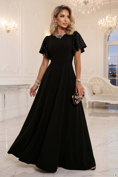694-1 MIRELLA Elegancka rozkloszowana sukienka maxi z cekinowymi rękawkami - czarna Numoco