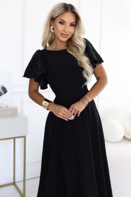 694-1 MIRELLA Elegancka rozkloszowana sukienka maxi z cekinowymi rękawkami - czarna Numoco