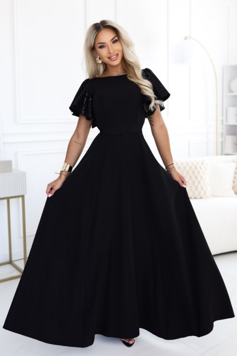 694-1 MIRELLA Elegancka rozkloszowana sukienka maxi z cekinowymi rękawkami - czarna Numoco