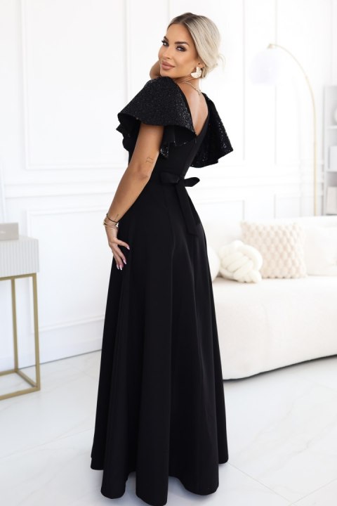 694-1 MIRELLA Elegancka rozkloszowana sukienka maxi z cekinowymi rękawkami - czarna Numoco