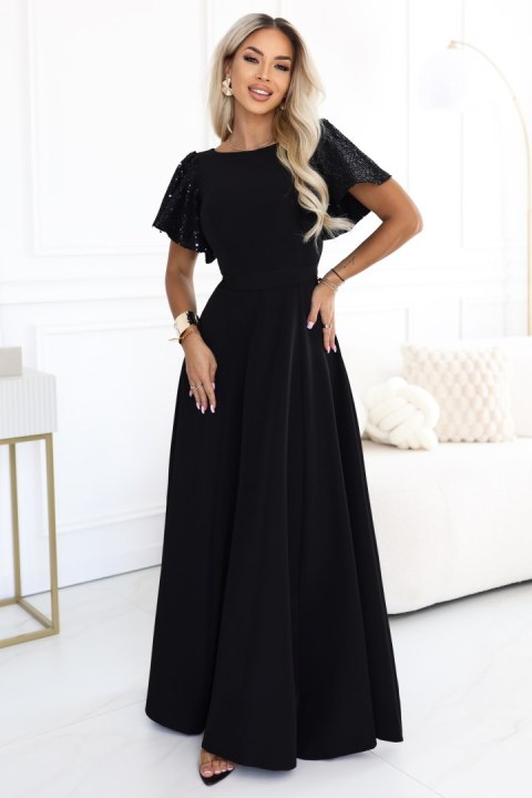 694-1 MIRELLA Elegancka rozkloszowana sukienka maxi z cekinowymi rękawkami - czarna Numoco