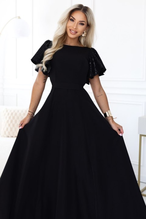 694-1 MIRELLA Elegancka rozkloszowana sukienka maxi z cekinowymi rękawkami - czarna Numoco