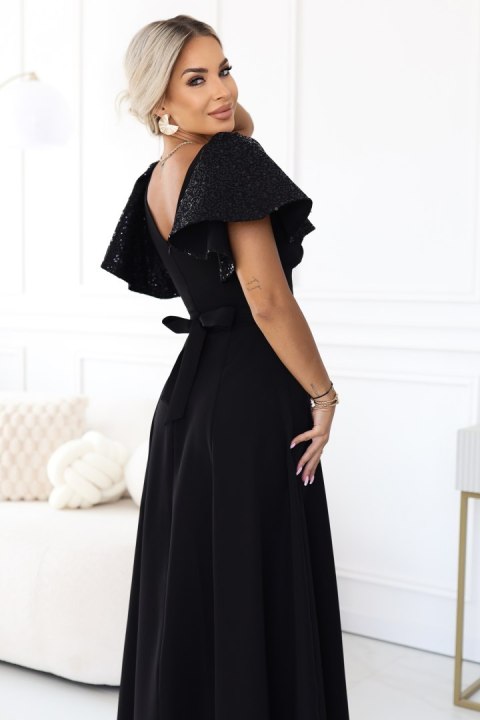 694-1 MIRELLA Elegancka rozkloszowana sukienka maxi z cekinowymi rękawkami - czarna Numoco