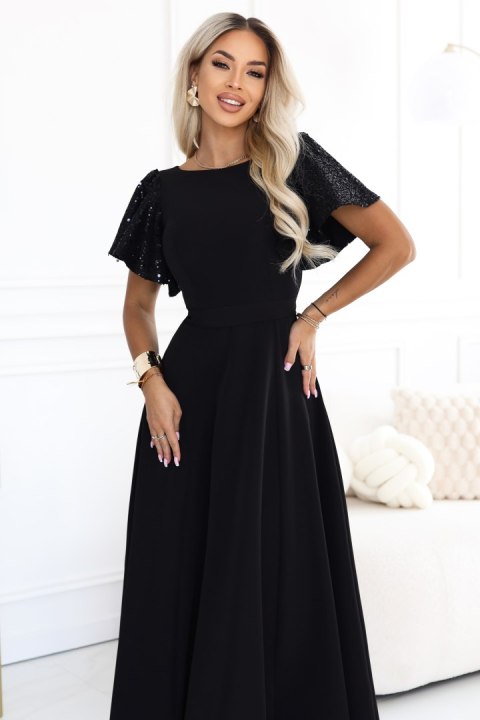 694-1 MIRELLA Elegancka rozkloszowana sukienka maxi z cekinowymi rękawkami - czarna Numoco