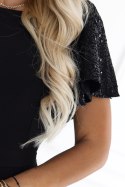 694-1 MIRELLA Elegancka rozkloszowana sukienka maxi z cekinowymi rękawkami - czarna Numoco